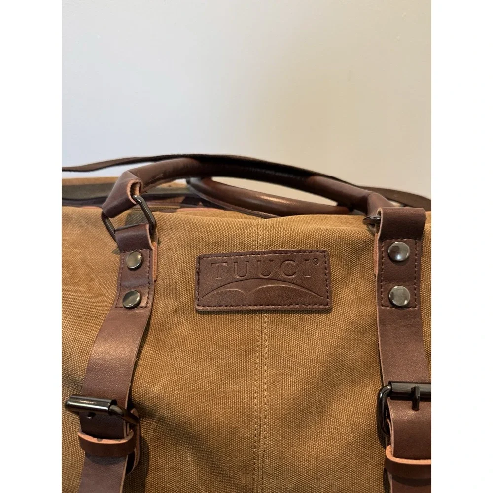 TUUCI Brown Canvas Leather Weekender Duffle Bag Travel Carry-On Overnight Large